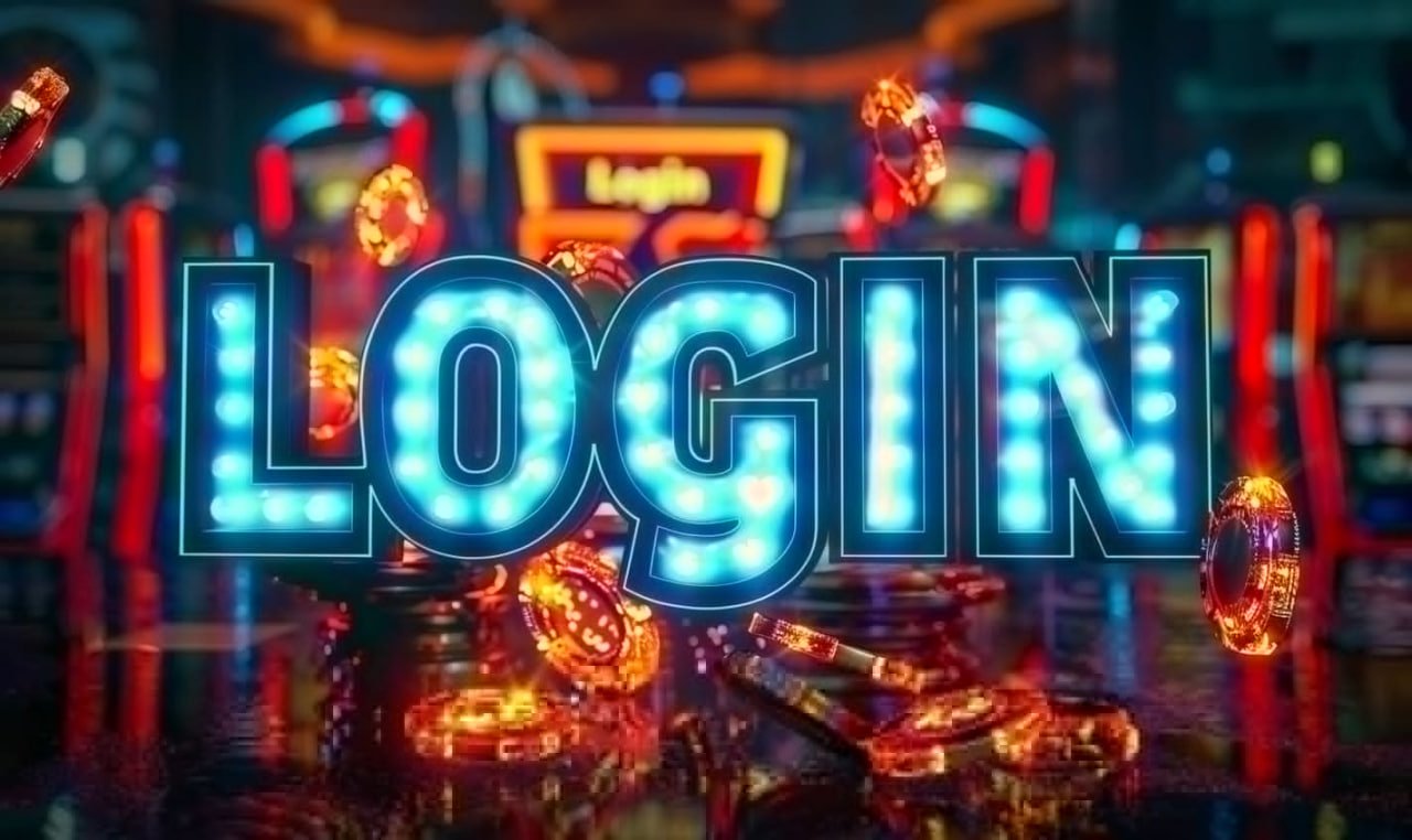 Mesin slot dengan lampu dan efek neon yang cerah di kasino digital
